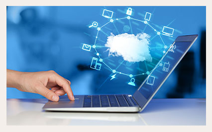 laptop with virtual icons about cloud storage in document scanning